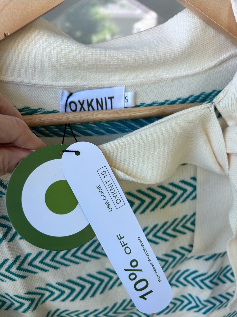 Oxknit new nwt Cream & Teal Striped Tie-Neck Sweater small - Picture 3 of 4
